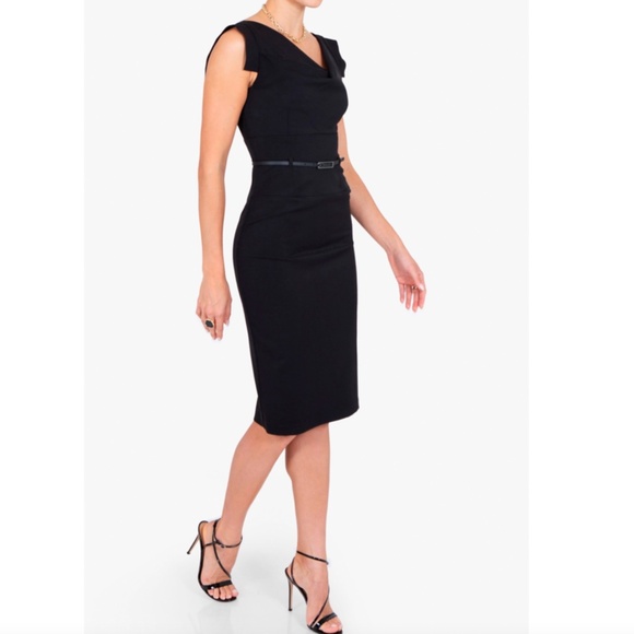 Black Halo Classic Jackie O Black Sheath Dress, Size 8, Asymmetrical, Belt - Picture 8 of 9